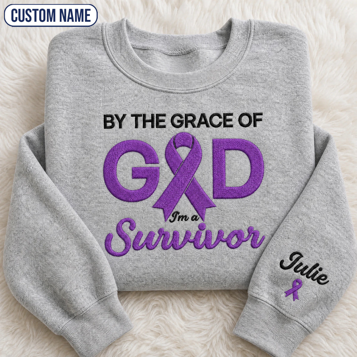 Personalized By the Grace of God Purple Ribbon Embroidered Unisex Crewneck Sweatshirt