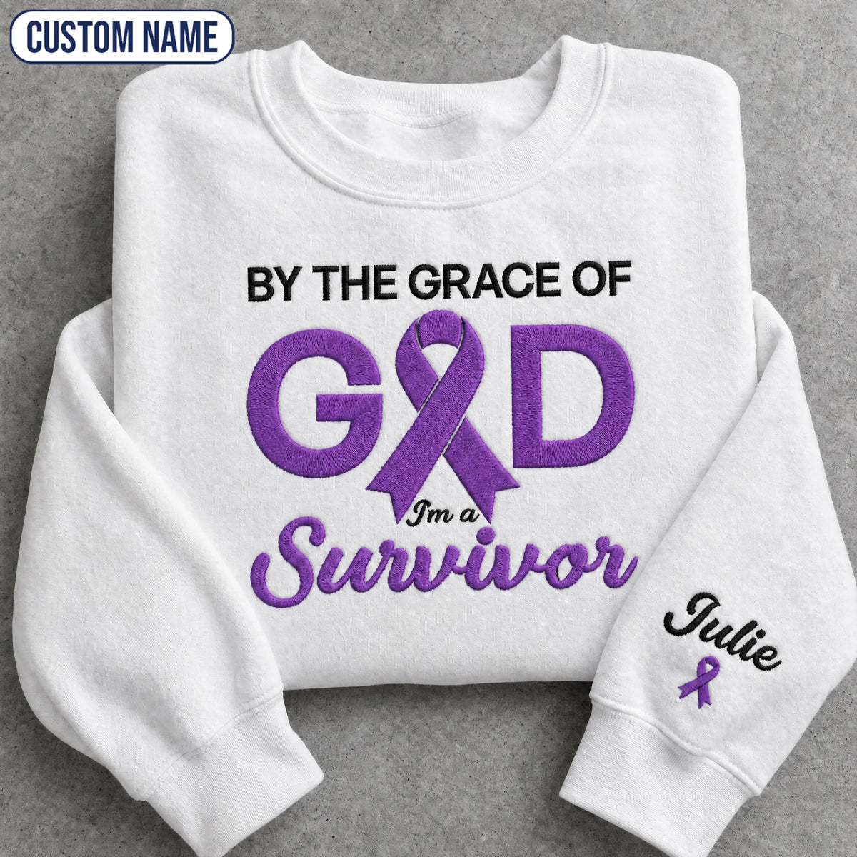 Personalized By the Grace of God Purple Ribbon Embroidered Unisex Crewneck Sweatshirt