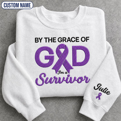 Personalized By the Grace of God Purple Ribbon Embroidered Unisex Crewneck Sweatshirt