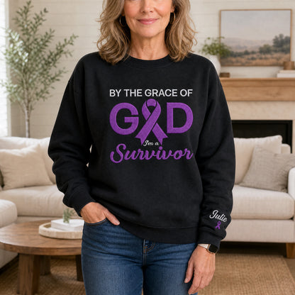 Personalized By the Grace of God Purple Ribbon Embroidered Unisex Crewneck Sweatshirt