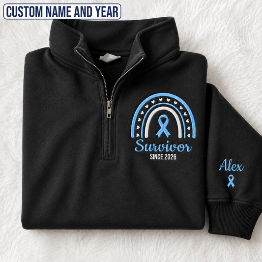 Personalized Light Blue Ribbon Inspired Name & Year Embroidered Unisex Quarter Zip Sweatshirt, Awareness Gift