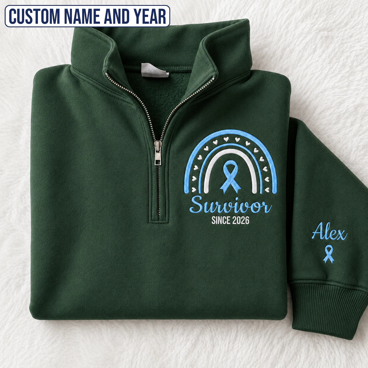 Personalized Light Blue Ribbon Inspired Name & Year Embroidered Unisex Quarter Zip Sweatshirt, Awareness Gift