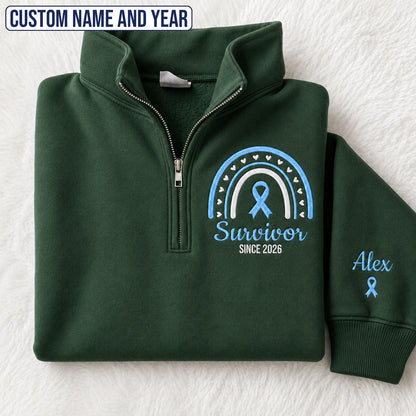 Personalized Light Blue Ribbon Inspired Name & Year Embroidered Unisex Quarter Zip Sweatshirt, Awareness Gift
