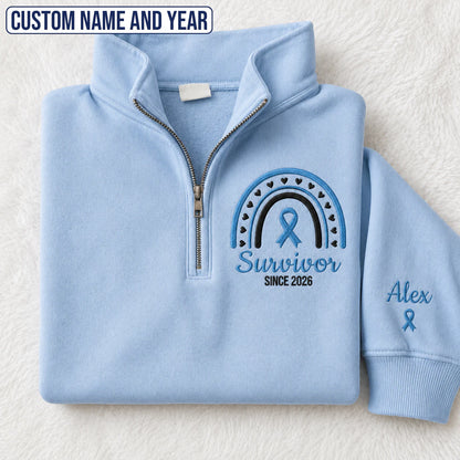 Personalized Light Blue Ribbon Inspired Name & Year Embroidered Unisex Quarter Zip Sweatshirt, Awareness Gift