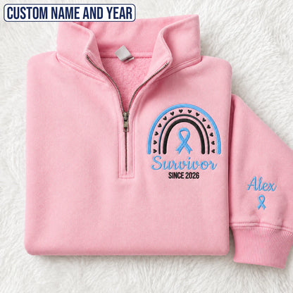 Personalized Light Blue Ribbon Inspired Name & Year Embroidered Unisex Quarter Zip Sweatshirt, Awareness Gift