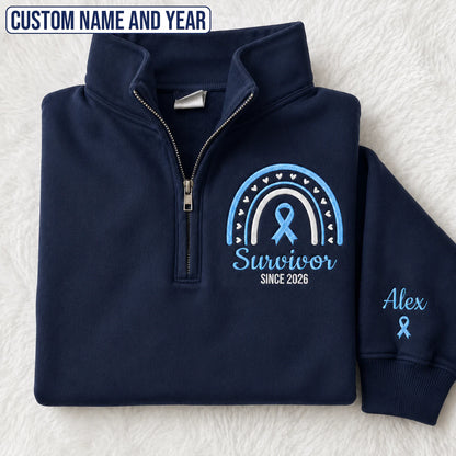 Personalized Light Blue Ribbon Inspired Name & Year Embroidered Unisex Quarter Zip Sweatshirt, Awareness Gift
