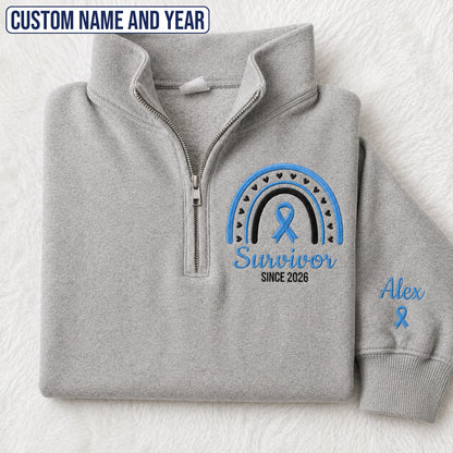 Personalized Light Blue Ribbon Inspired Name & Year Embroidered Unisex Quarter Zip Sweatshirt, Awareness Gift