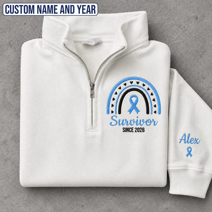 Personalized Light Blue Ribbon Inspired Name & Year Embroidered Unisex Quarter Zip Sweatshirt, Awareness Gift