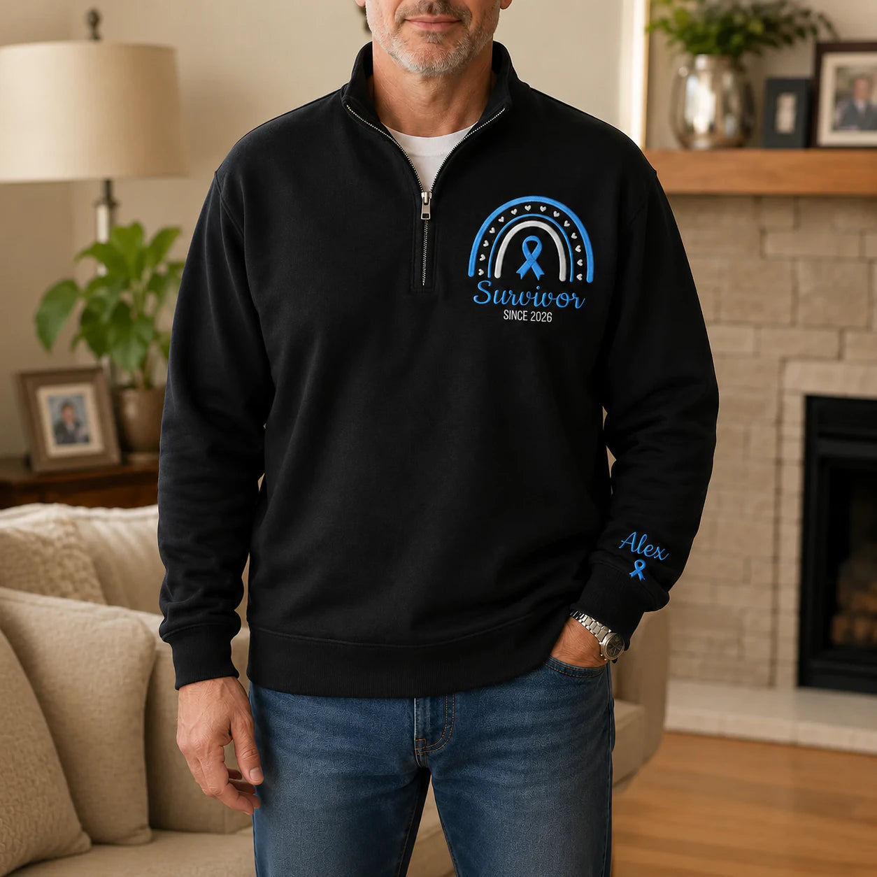 Personalized Light Blue Ribbon Inspired Name & Year Embroidered Unisex Quarter Zip Sweatshirt, Awareness Gift