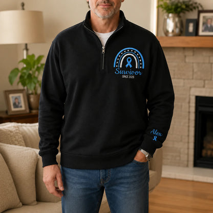 Personalized Light Blue Ribbon Inspired Name & Year Embroidered Unisex Quarter Zip Sweatshirt, Awareness Gift