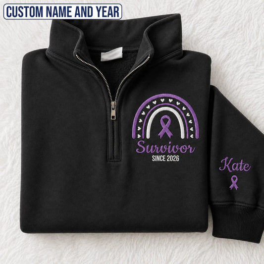 Personalized Purple Ribbon Inspired Name & Year Embroidered Unisex Quarter Zip Sweatshirt, Awareness Gift