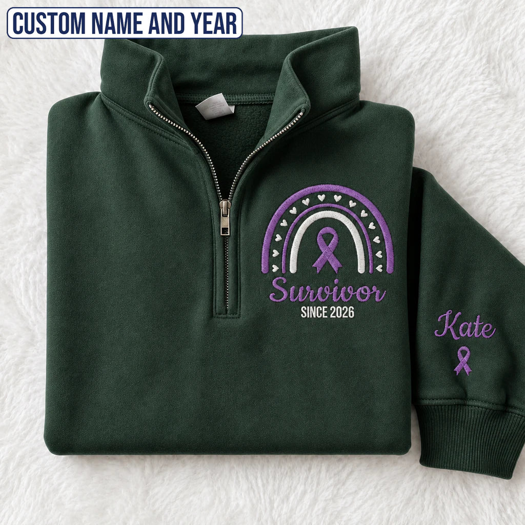 Personalized Purple Ribbon Inspired Name & Year Embroidered Unisex Quarter Zip Sweatshirt, Awareness Gift