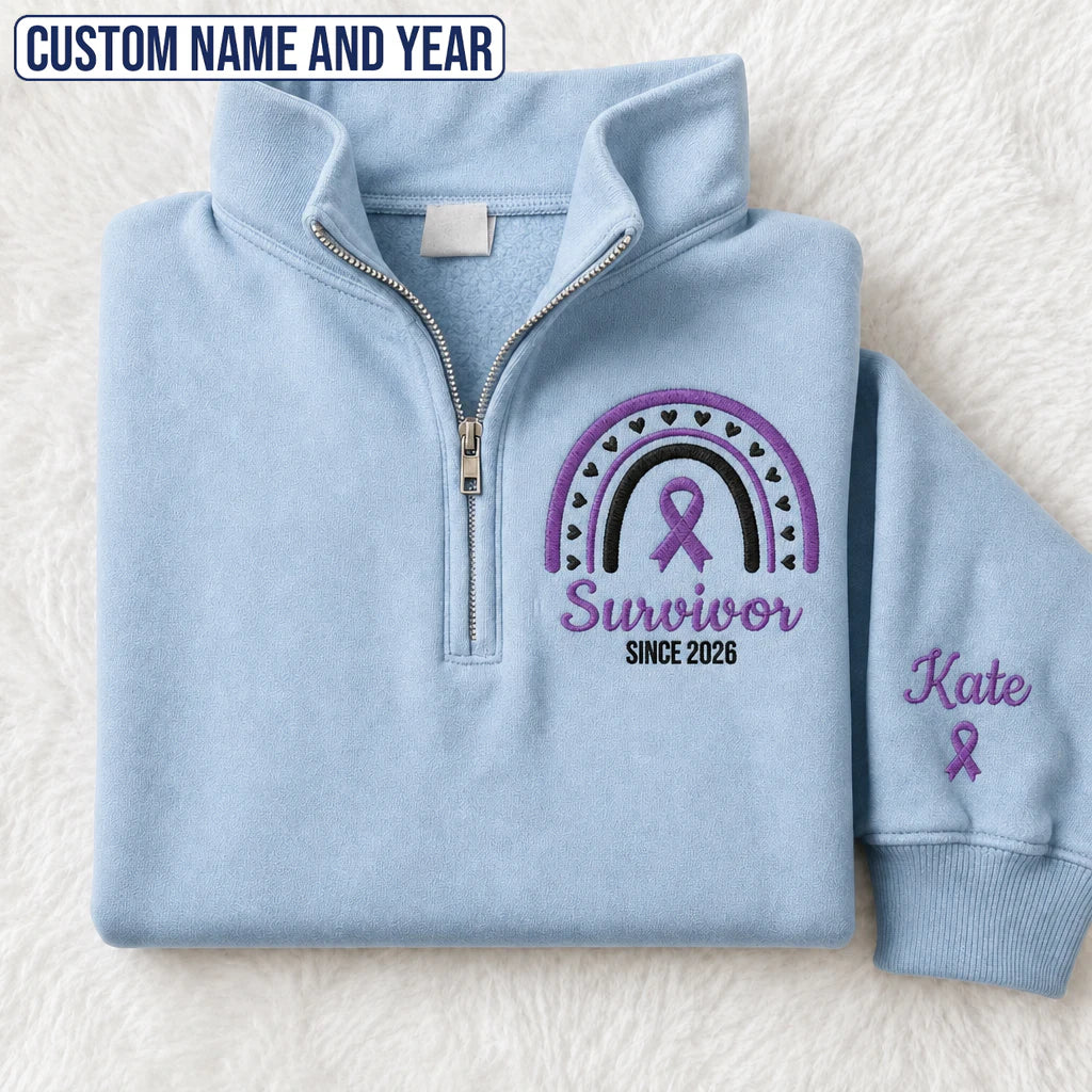 Personalized Purple Ribbon Inspired Name & Year Embroidered Unisex Quarter Zip Sweatshirt, Awareness Gift
