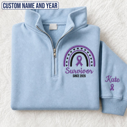 Personalized Purple Ribbon Inspired Name & Year Embroidered Unisex Quarter Zip Sweatshirt, Awareness Gift