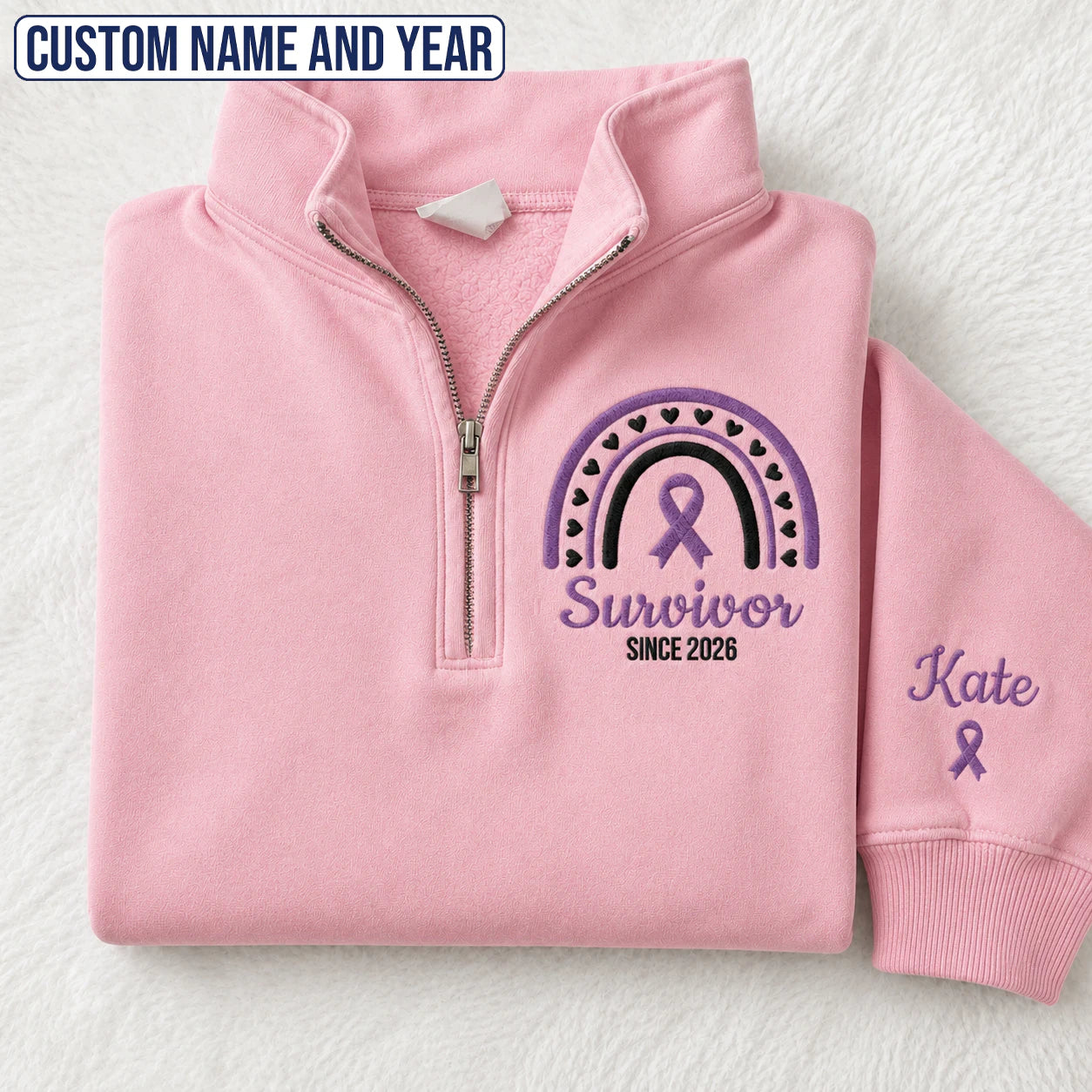 Personalized Purple Ribbon Inspired Name & Year Embroidered Unisex Quarter Zip Sweatshirt, Awareness Gift