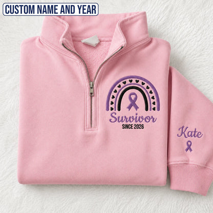 Personalized Purple Ribbon Inspired Name & Year Embroidered Unisex Quarter Zip Sweatshirt, Awareness Gift
