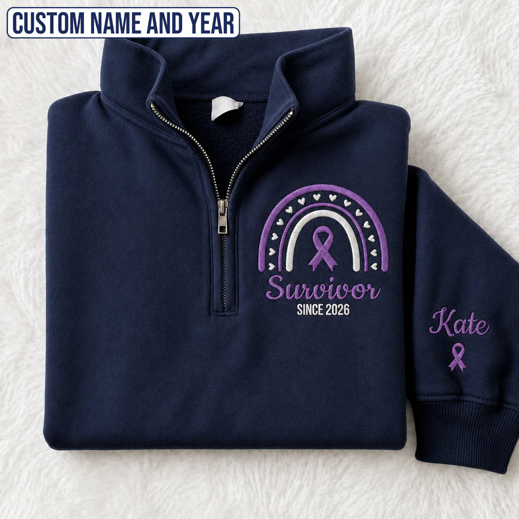 Personalized Purple Ribbon Inspired Name & Year Embroidered Unisex Quarter Zip Sweatshirt, Awareness Gift