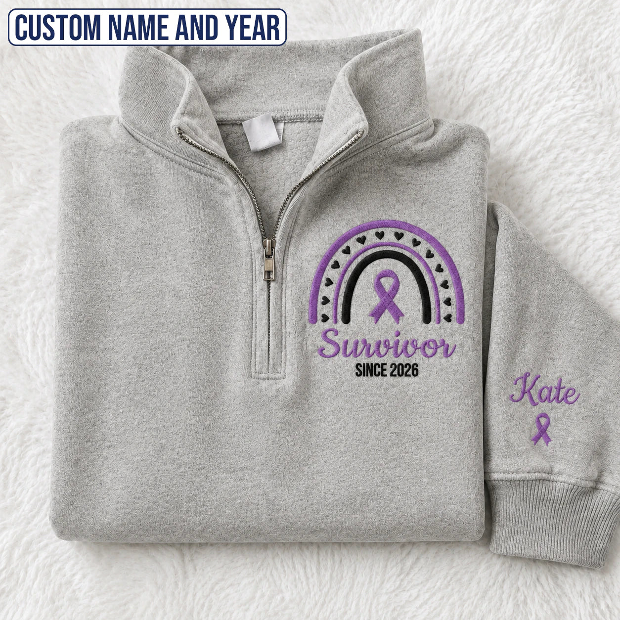 Personalized Purple Ribbon Inspired Name & Year Embroidered Unisex Quarter Zip Sweatshirt, Awareness Gift