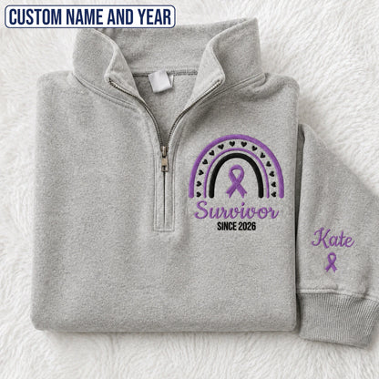 Personalized Purple Ribbon Inspired Name & Year Embroidered Unisex Quarter Zip Sweatshirt, Awareness Gift