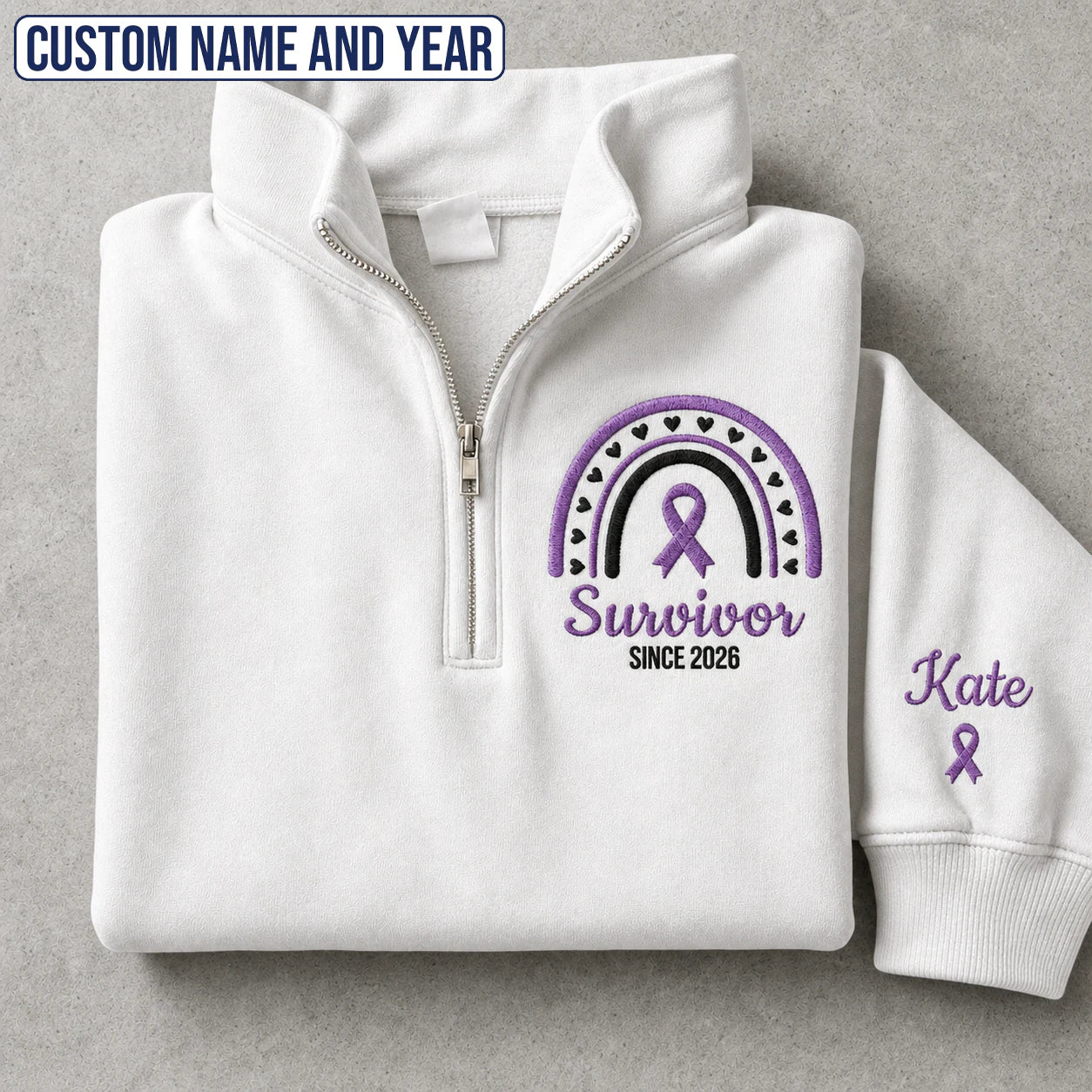 Personalized Purple Ribbon Inspired Name & Year Embroidered Unisex Quarter Zip Sweatshirt, Awareness Gift