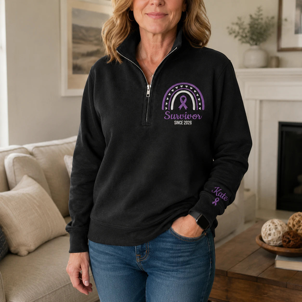 Personalized Purple Ribbon Inspired Name & Year Embroidered Unisex Quarter Zip Sweatshirt, Awareness Gift