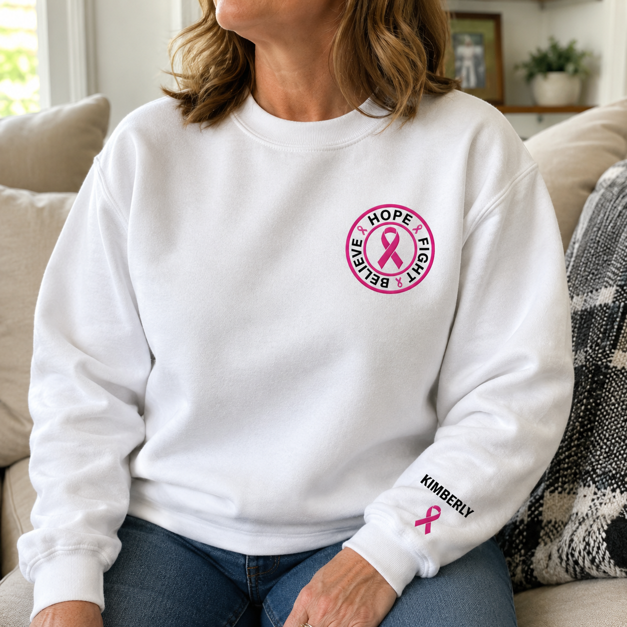 Personalized Believe Hope and Fight Embroidered Unisex Crewneck Sweatshirt, Pink Ribbon Awareness Gift