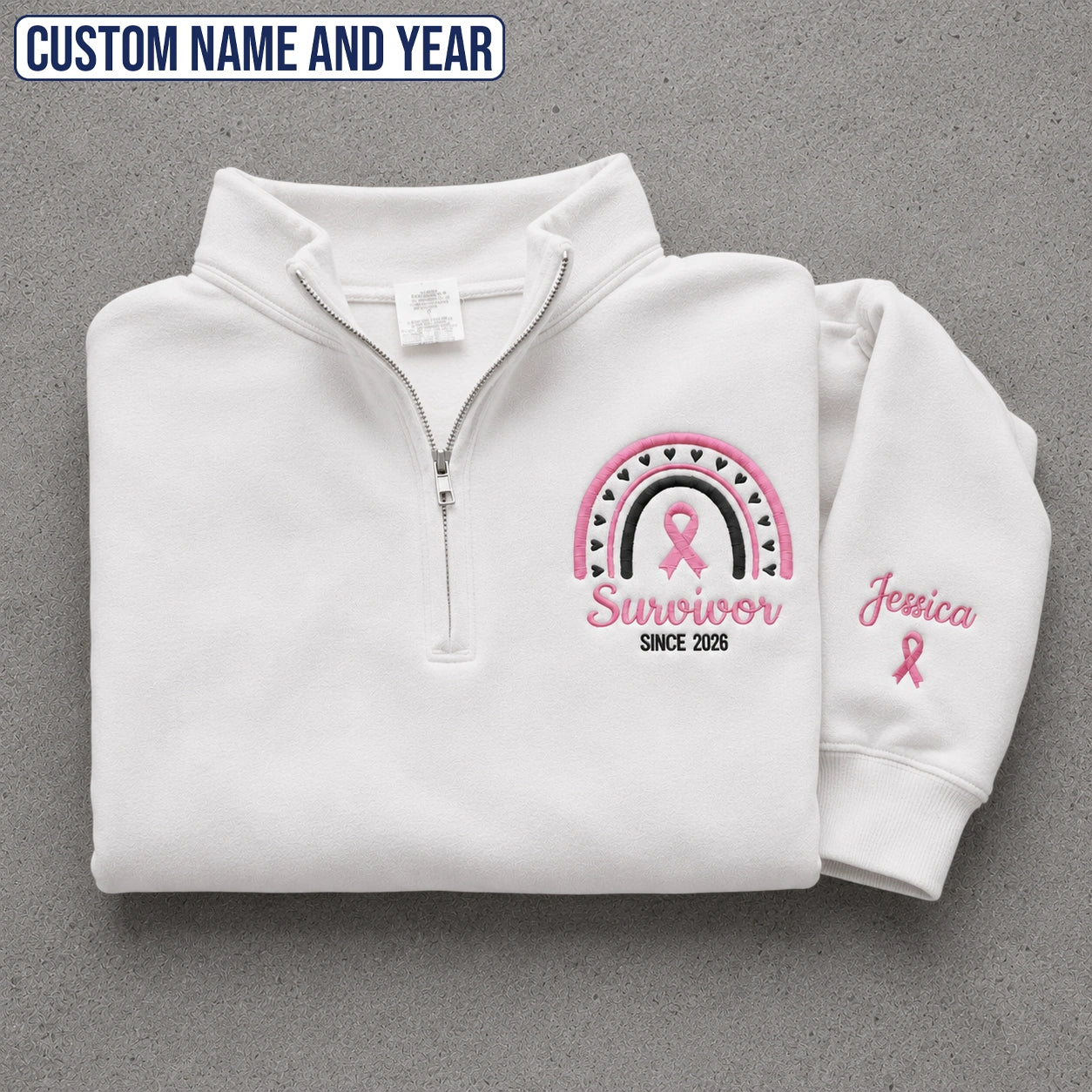 Personalized Pink Ribbon-Inspired Name & Year Name & Year Embroidered Unisex Quarter Zip Sweatshirt, Awareness Gift
