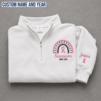 Personalized Pink Ribbon-Inspired Name & Year Name & Year Embroidered Unisex Quarter Zip Sweatshirt, Awareness Gift