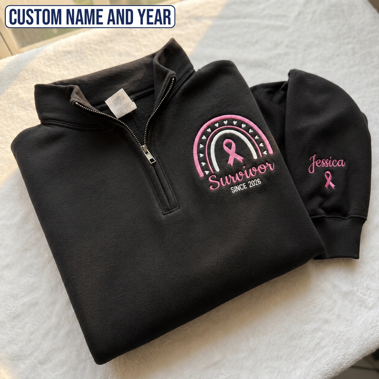 Personalized Pink Ribbon-Inspired Name & Year Name & Year Embroidered Unisex Quarter Zip Sweatshirt, Awareness Gift