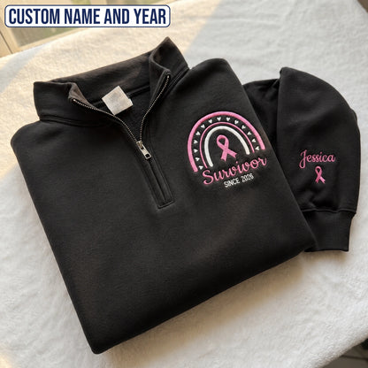 Personalized Pink Ribbon-Inspired Name & Year Name & Year Embroidered Unisex Quarter Zip Sweatshirt, Awareness Gift