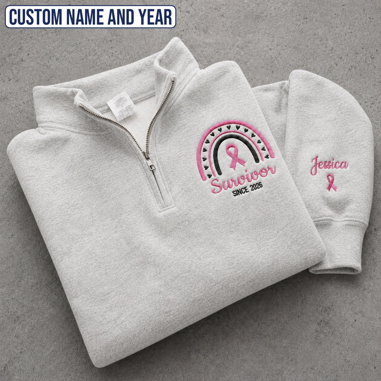 Personalized Pink Ribbon-Inspired Name & Year Name & Year Embroidered Unisex Quarter Zip Sweatshirt, Awareness Gift