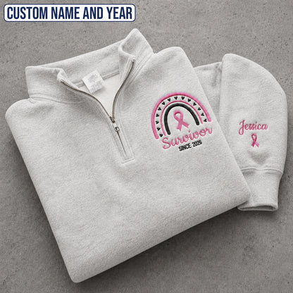 Personalized Pink Ribbon-Inspired Name & Year Name & Year Embroidered Unisex Quarter Zip Sweatshirt, Awareness Gift