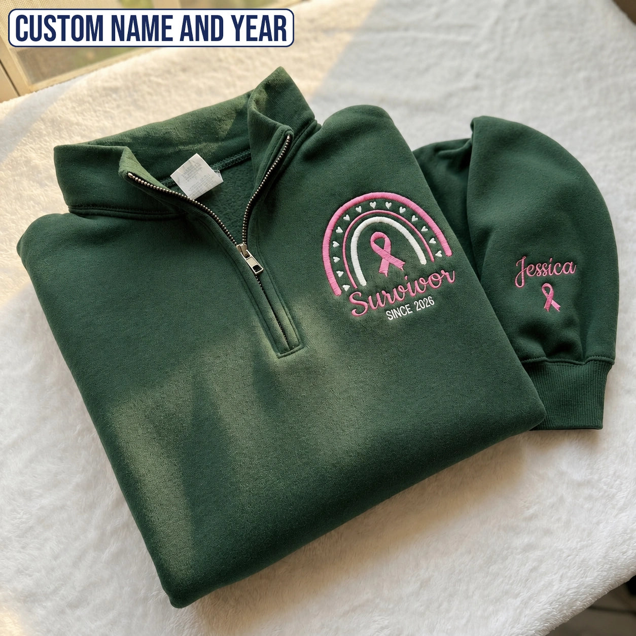 Personalized Pink Ribbon-Inspired Name & Year Name & Year Embroidered Unisex Quarter Zip Sweatshirt, Awareness Gift