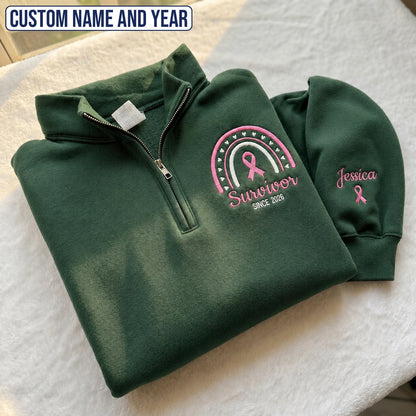 Personalized Pink Ribbon-Inspired Name & Year Name & Year Embroidered Unisex Quarter Zip Sweatshirt, Awareness Gift