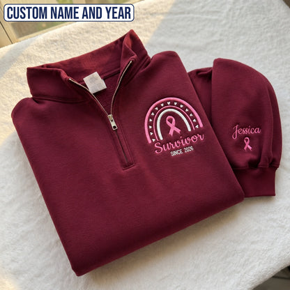 Personalized Pink Ribbon-Inspired Name & Year Name & Year Embroidered Unisex Quarter Zip Sweatshirt, Awareness Gift