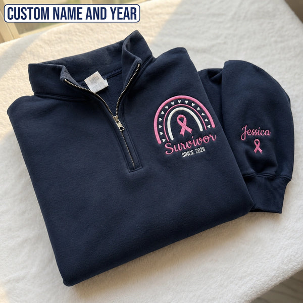 Personalized Pink Ribbon-Inspired Name & Year Embroidered Unisex Quarter Zip Sweatshirt, Awareness Gift