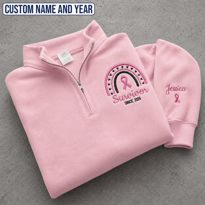 Personalized Pink Ribbon-Inspired Name & Year Name & Year Embroidered Unisex Quarter Zip Sweatshirt, Awareness Gift