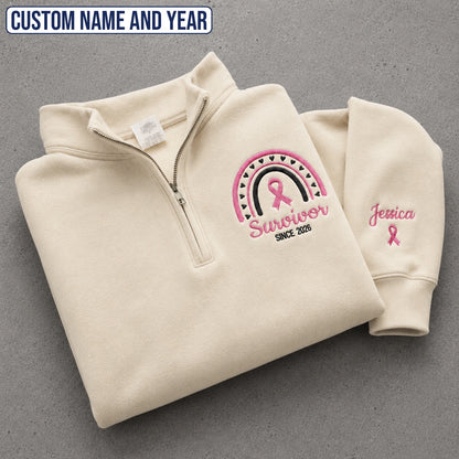 Personalized Pink Ribbon-Inspired Name & Year Name & Year Embroidered Unisex Quarter Zip Sweatshirt, Awareness Gift