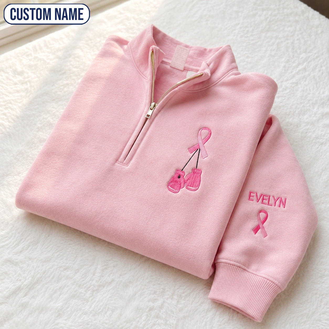 Personalized Pink Ribbon Boxing Gloves Embroidered Unisex Quarter Zip Sweatshirt, Awareness Gift