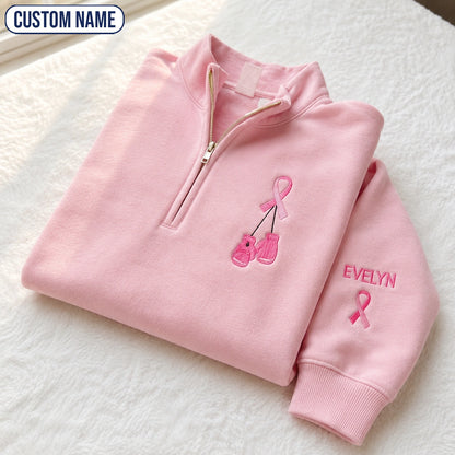 Personalized Pink Ribbon Boxing Gloves Embroidered Unisex Quarter Zip Sweatshirt, Awareness Gift