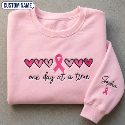 Personalized One Day At A Time Embroidered Unisex Crewneck Sweatshirt, Pink Ribbon Awareness Gift