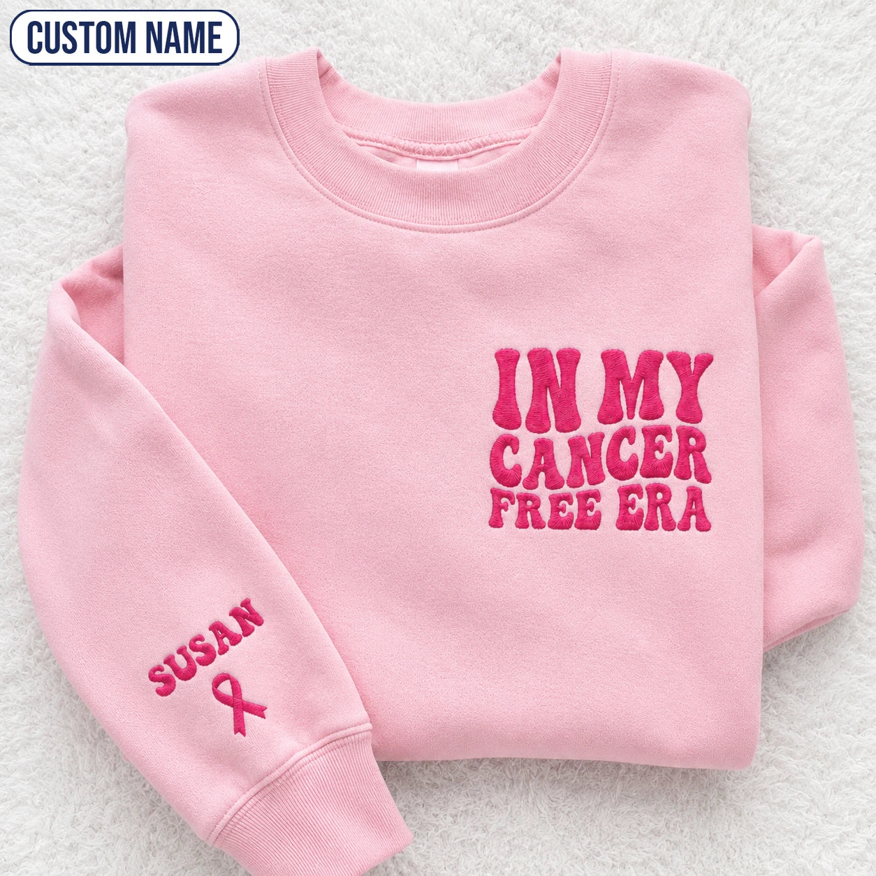 Personalized In My Free Era Pink Ribbon Embroidered Unisex Crewneck Sweatshirt, Awareness Gift