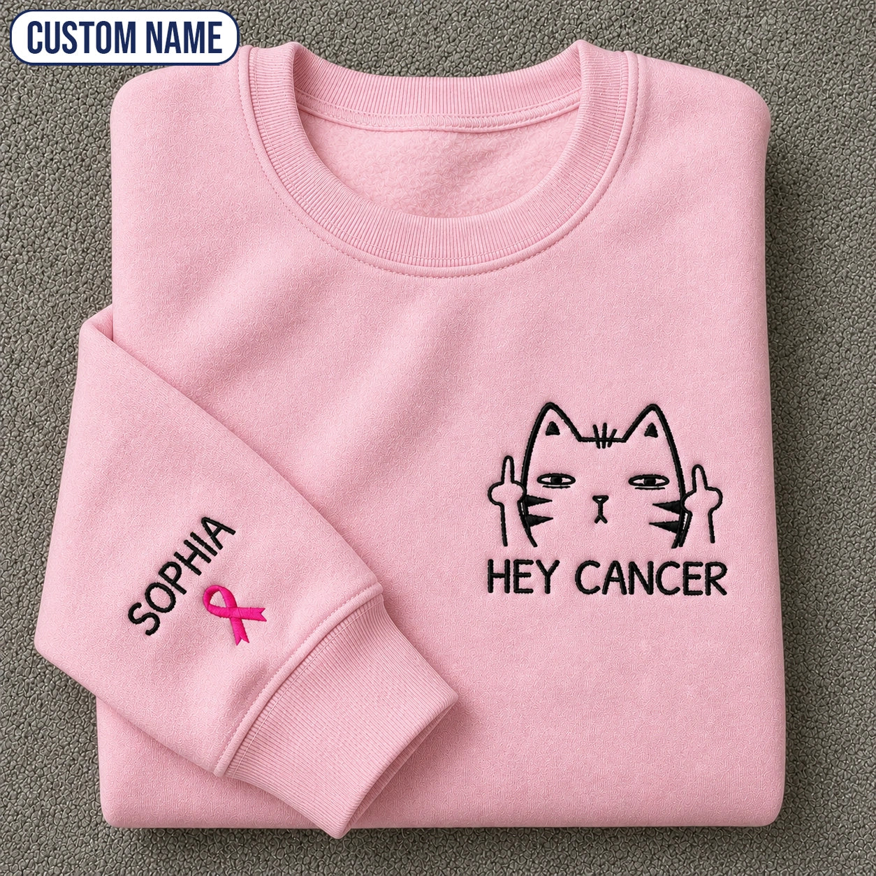 Personalized Funny Cat Pink Ribbon Embroidered Unisex Crewneck Sweatshirt, Awareness Gift
