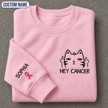 Personalized Funny Cat Pink Ribbon Embroidered Unisex Crewneck Sweatshirt, Awareness Gift