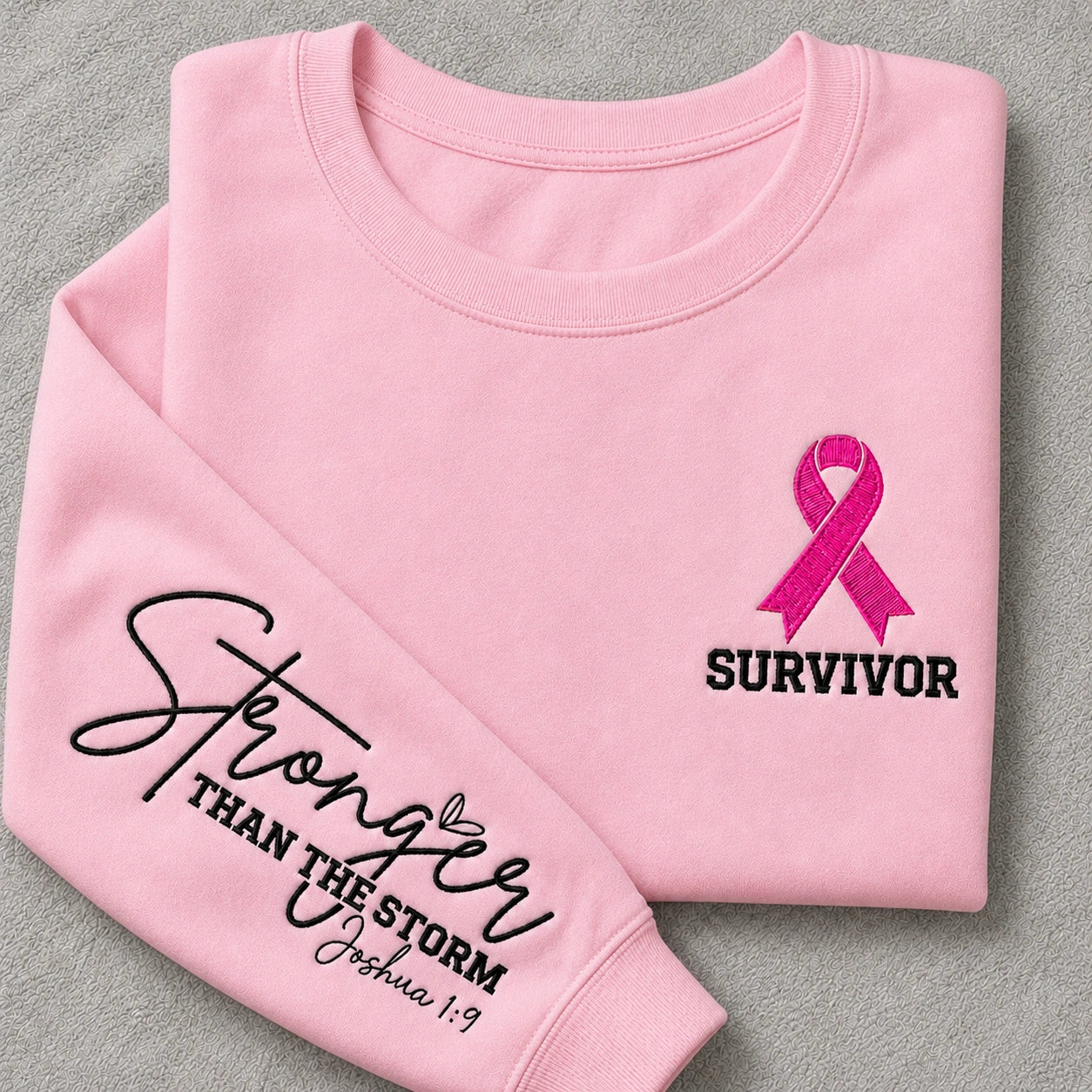 Stronger Than The Storm Embroidered Unisex Crewneck Sweatshirt, Pink Ribbon Awareness Gift