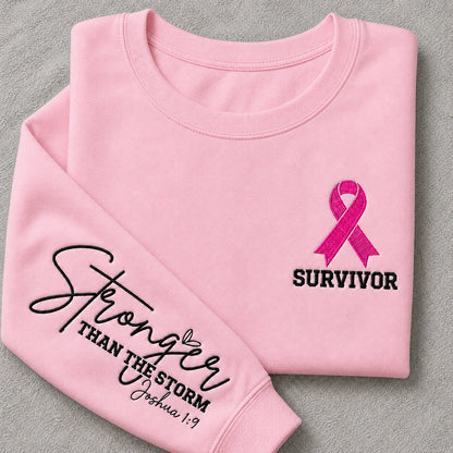 Stronger Than The Storm Embroidered Unisex Crewneck Sweatshirt, Pink Ribbon Awareness Gift