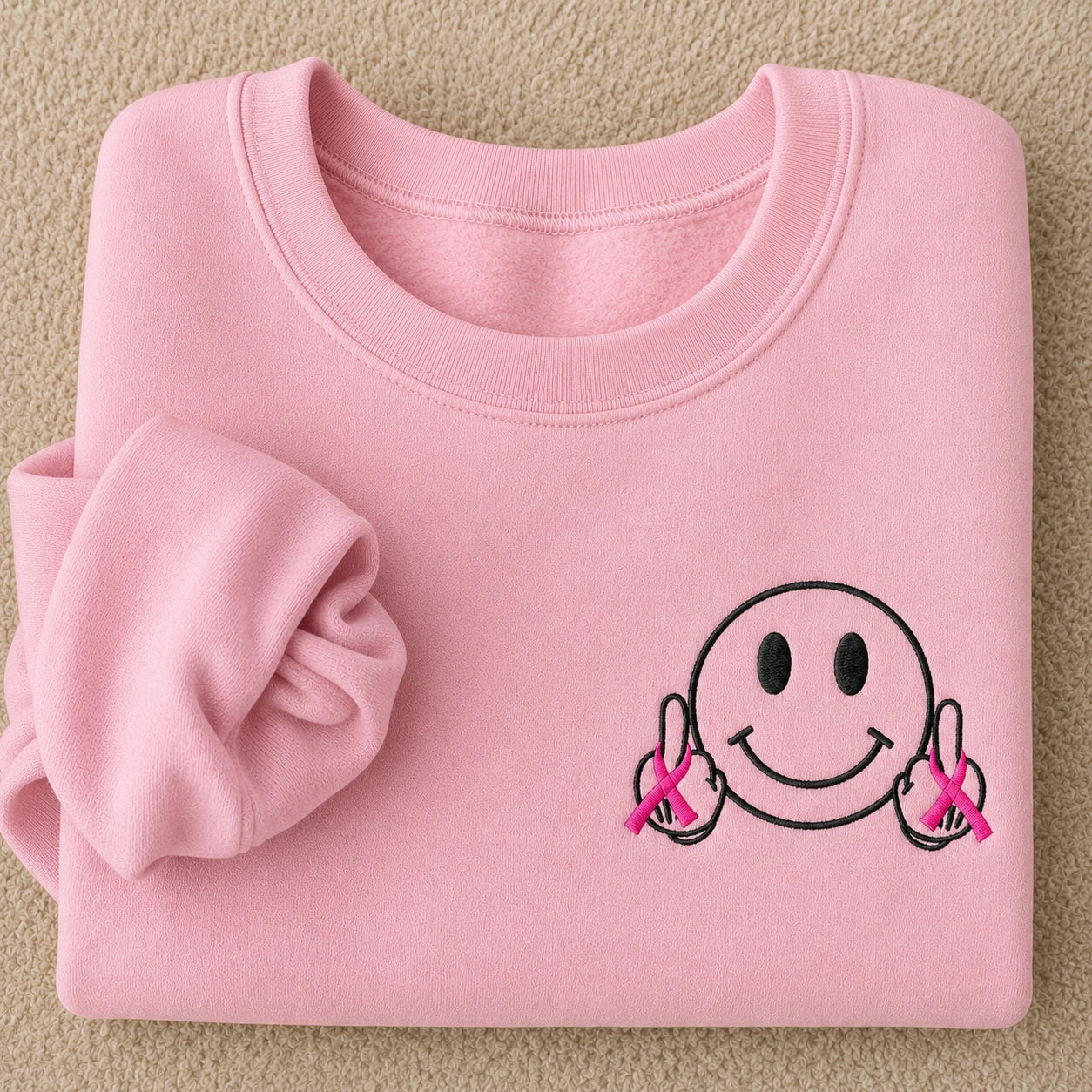 Hey Pink Ribbon Smiley Embroidered Unisex Crewneck Sweatshirt, Awareness Gift