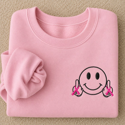 Hey Pink Ribbon Smiley Embroidered Unisex Crewneck Sweatshirt, Awareness Gift