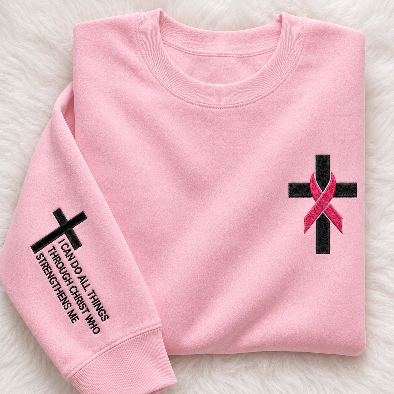 I Can Do All Things Through Christ Who Strengthens Me Embroidered Unisex Crewneck Sweatshirt, Pink Ribbon Awareness Gift