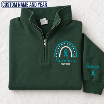 Personalized Teal Ribbon-Inspired Name & Year Embroidered Unisex Quarter Zip Sweatshirt, Awareness Gift